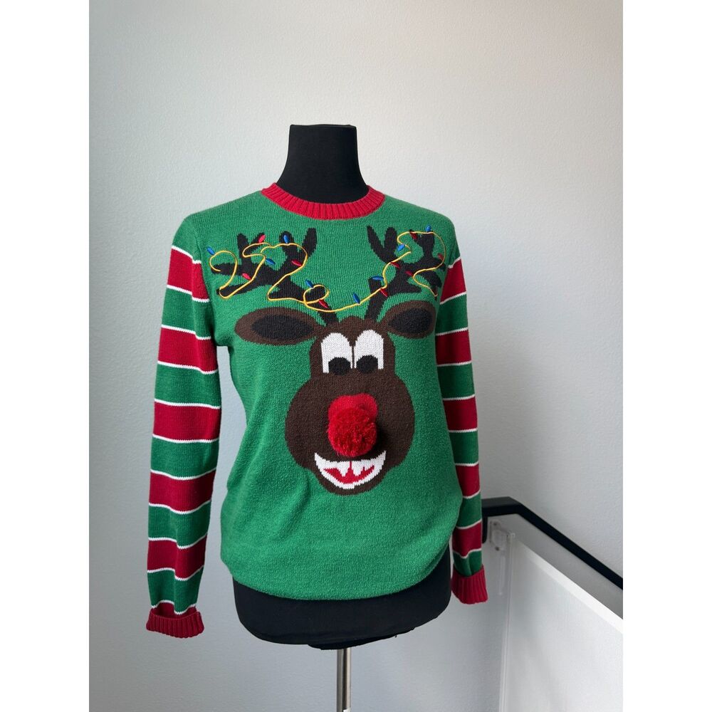 Ugly Christmas Sweater Brand Rudolph Reindeer 3D Pom Pom Sweater